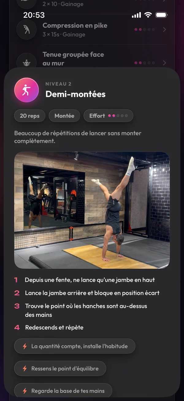 La fiche d'un exercice avec sa vidéo de démonstration