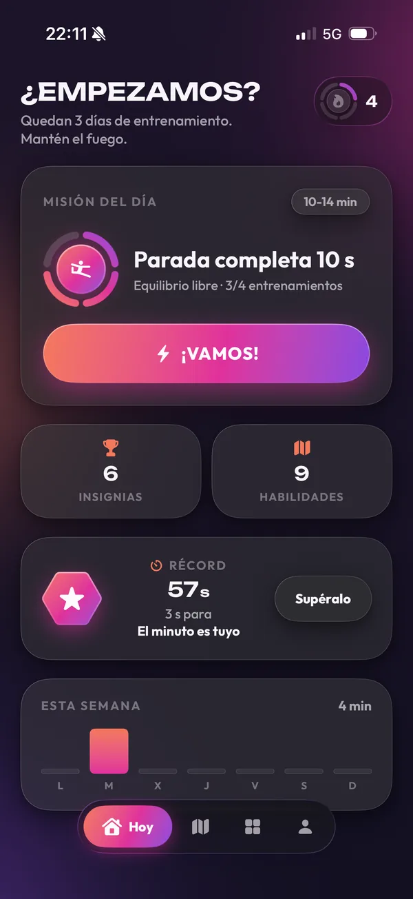 La pantalla de inicio de la app con la misión del día