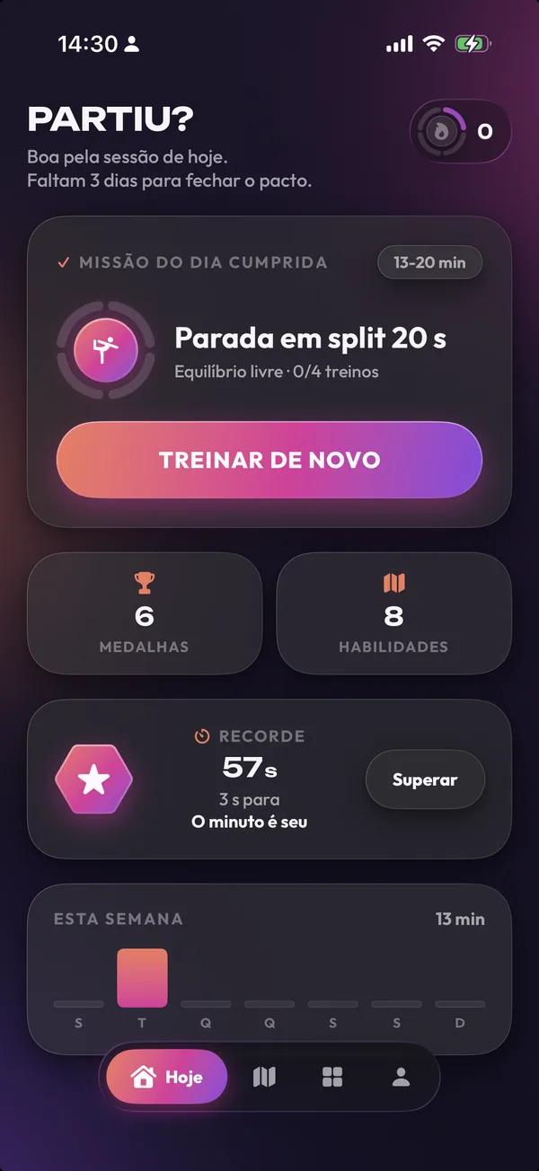 A tela de início do app com a missão do dia
